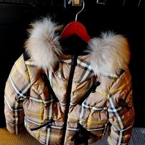 New Goldbergh hooded down jacket mink collar. Gold Tan with black, bright yellow